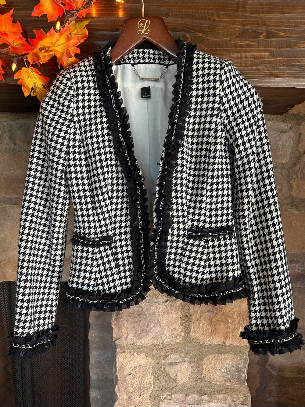 White House Black Market Black & White Houndstooth Ruffle-Trim Blazer